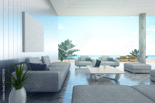 3d rendering : illustration of interior living room and swimming pool in house or resort. Beach living with Sea view. white modern interior furnish decoration style. soft light color picture style © ittoilmatar