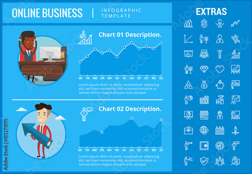 Online business infographic template, elements and icons. Infograph includes customizable graphs, charts, line icon set with stack of money, online market, business worker, mobile shop etc.