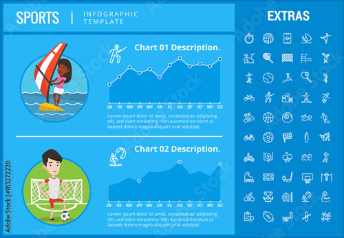 Sports infographic template, elements and icons. Infograph includes customizable graphs, charts, line icon set with sport equipment, sports field, competitive games, champion pedestal, athlete etc.