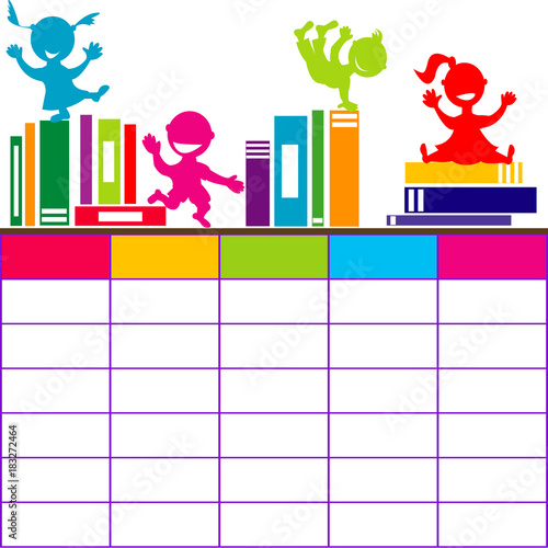 School timetable with books and cartoon kids playing