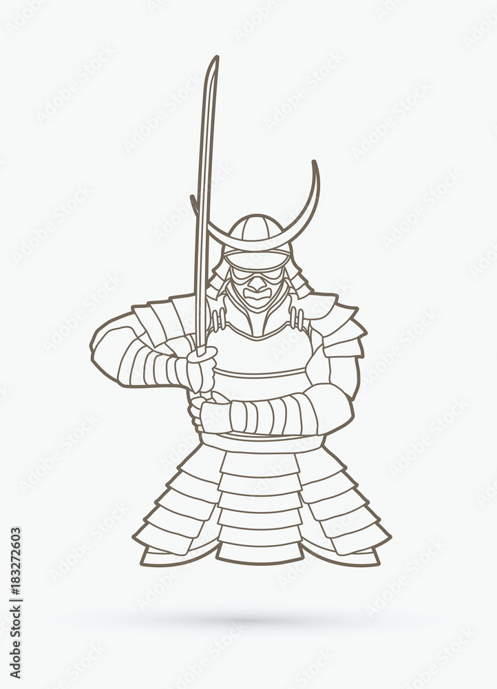 Samurai standing front view ready to fight outline graphic vector. Samurai standing front view ready to fight outline graphic vector.