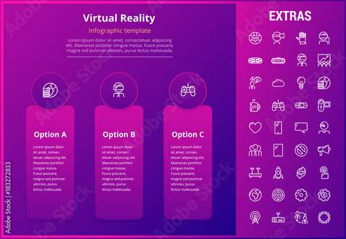 Virtual reality options infographic template, elements and icons. Infograph includes line icon set with virtual reality glasses, vr technology, video game console, cloud computing, global network etc.