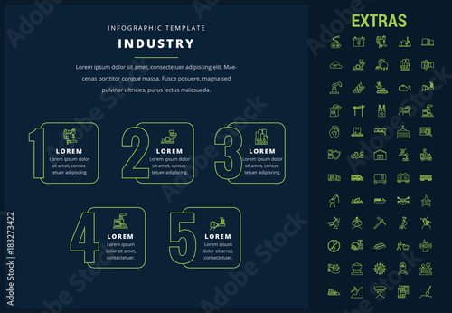 Industry options infographic template, elements and icons. Infograph includes options, line icon set with mining equipment, fossil fuels, conveyor belt, nuclear power plant, manufacturing industry etc