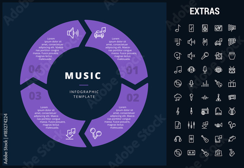 Music infographic template, elements and icons. Infograph includes customizable circular diagram, line icon set with musical instruments, music notes, microphone, smartphone with mobile app etc.