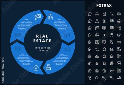 Real estate infographic template, elements and icons. Infograph includes customizable circular diagram, line icon set with real estate agent, architecture engineering, investment broker, realtor etc.