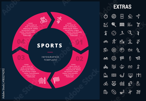 Sports infographic template, elements and icons. Infograph includes customizable circular diagram, line icon set with sport equipment, sports field, competitive games, champion pedestal, athlete etc.