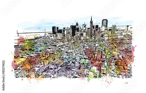Watercolor splash with sketch of Skyline San Francisco, USA in vector illustration.