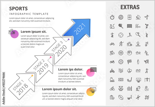 Sports timeline infographic template, elements and icons. Infograph includes stages with years, line icon set with sport equipment, sports field, competitive games, pedestal, leisure activities etc.