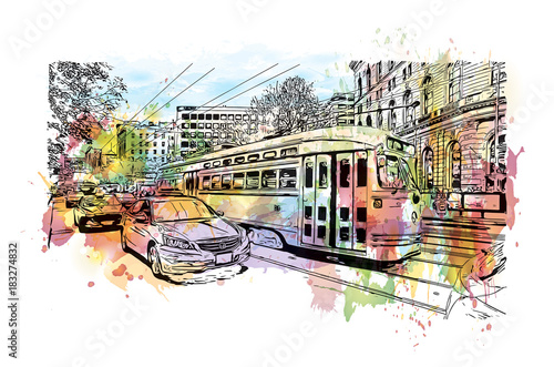 Watercolor splash with sketch of Trolley Car moves through the street in San Francisco, USA in vector illustration.