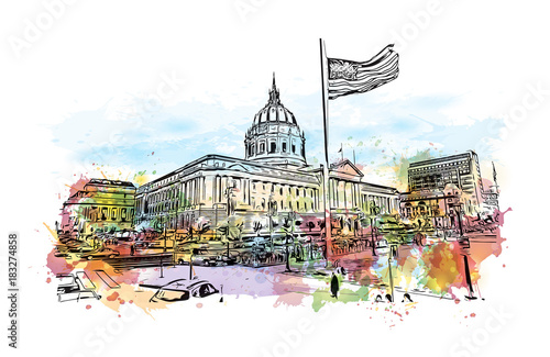 Watercolor splash with sketch of San Francisco City Hall is Beaux-Arts architecture and located in the city's civic center, USA in vector illustration.