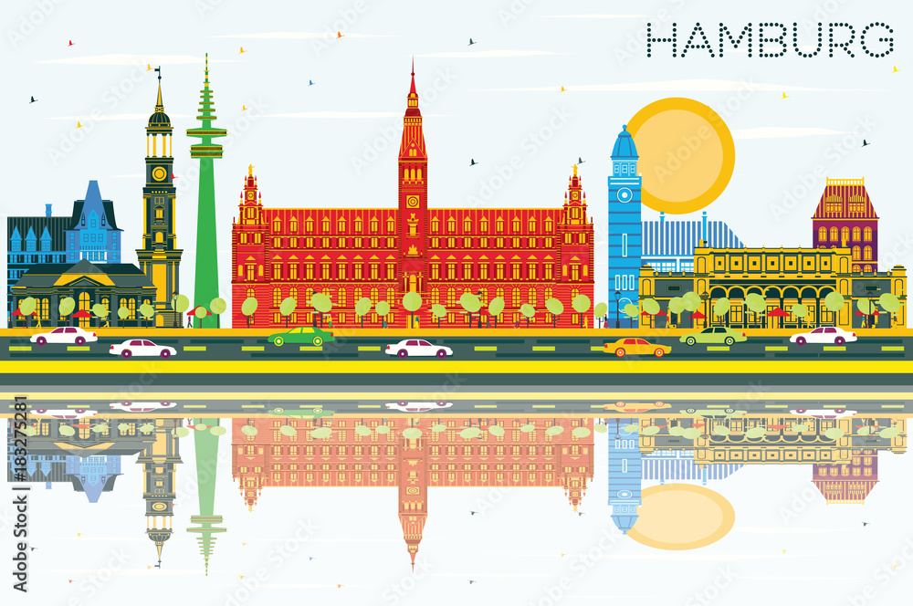 Hamburg Skyline with Color Buildings, Blue Sky and Reflections.