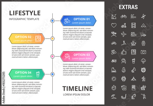 Lifestyle timeline infographic template, elements and icons. Infograph includes options with years, line icon set with healthy and fast food, sport exercise, training machine, leisure activities etc.