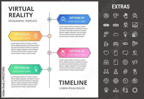 Virtual reality timeline infographic template, elements and icons. Infograph includes options with years, line icon set with virtual reality glasses, vr technology, video game, cloud computing etc.