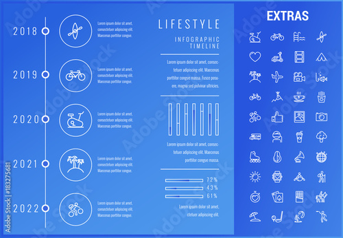 Lifestyle timeline infographic template, elements and icons. Infograph includes options with years, line icon set with healthy and fast food, sport exercise, training machine, leisure activities etc.