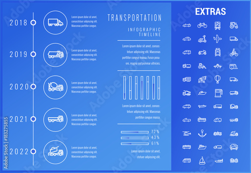 Transportation timeline infographic template, elements and icons. Infograph includes options with years, line icon set with transport vehicle, truck trailer, airplane flight, construction vehicles etc