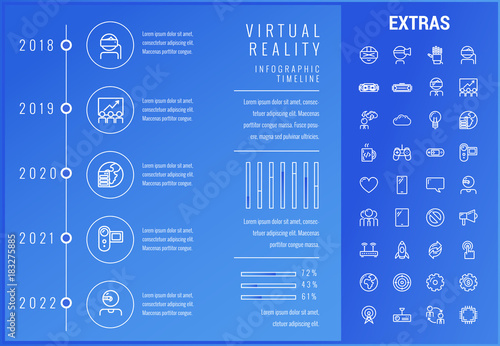 Virtual reality timeline infographic template, elements and icons. Infograph includes options with years, line icon set with virtual reality glasses, vr technology, video game, cloud computing etc.