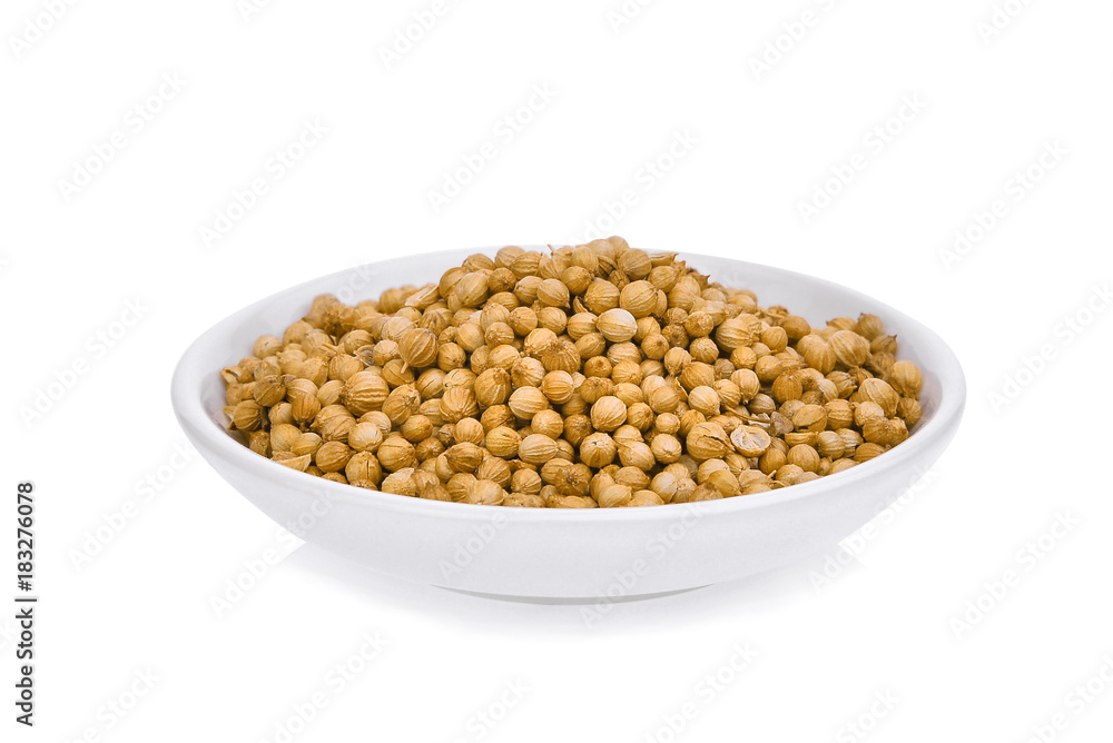 dried coriander seeds (Coriandrum sativum) in the white plate isolated on white background dried coriander seeds (Coriandrum sativum) in the white plate isolated on white background