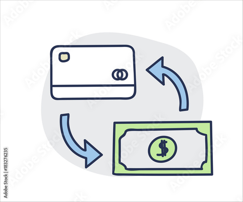 Doodle hand drawn money related icon. Money flow with bank card and dollar bill. Vector illustration