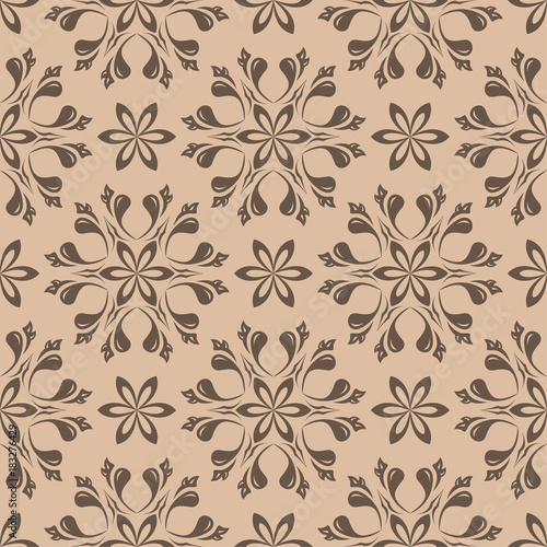 Dark brown floral seamless pattern on beige background