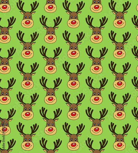 Christmas Vector Seamless Pattern with Deers Faces in Doodle Style