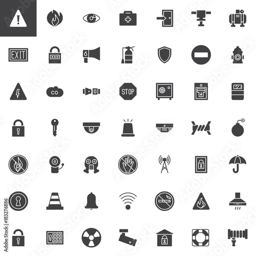 Safety protective elements vector icons set, modern solid symbol collection, filled style pictogram pack. Signs, logo illustration. Set includes icons as gas mask, ring buoy, respirator, cctv camera