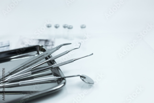 Selective focus Set of dental tools for teech care .