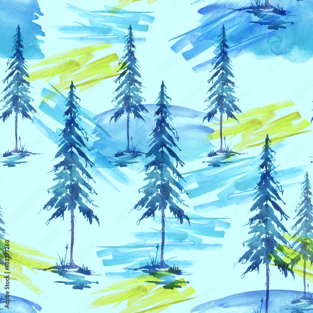  Seamless watercolor pattern, background. spruce, pine, cedar, larch, blue abstract forest, silhouette of trees. Art illustration for your design 
