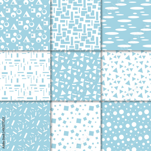 Blue and white geometric ornaments. Collection of seamless patterns