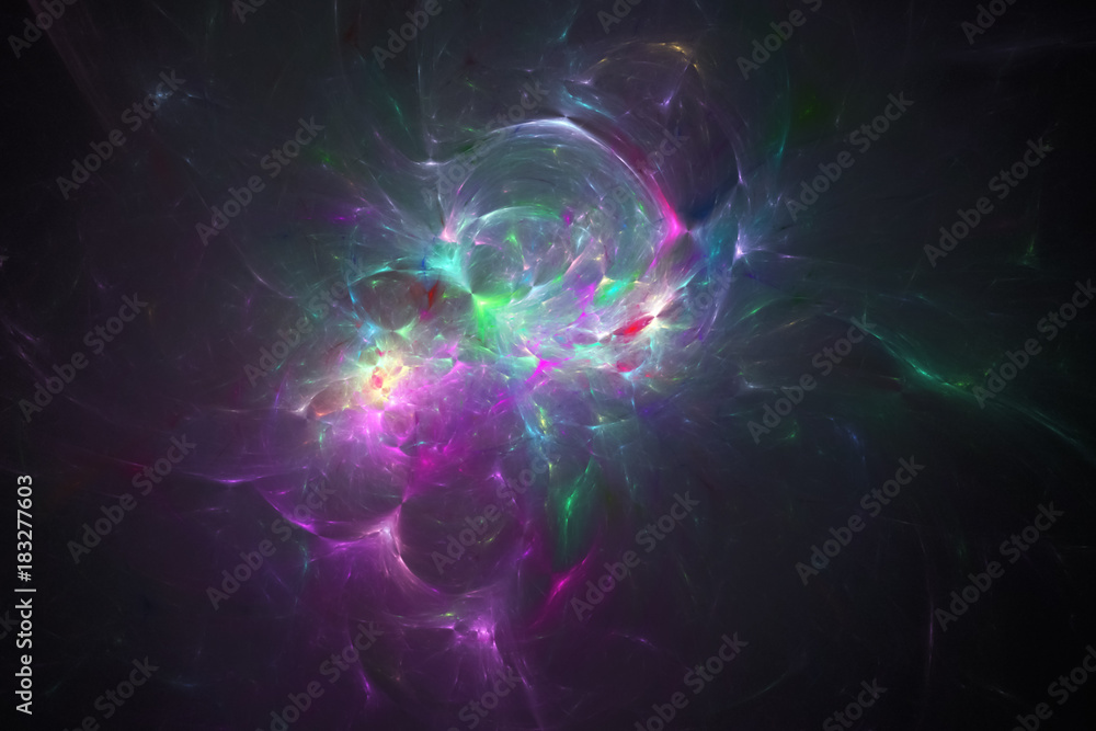 Fototapeta premium Abstract green and violet swirly shapes on black background. Fantasy fractal texture. 3D rendering.