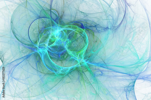 Abstract glowing blue and green swirly shape. Fantasy fractal texture. 3D rendering.