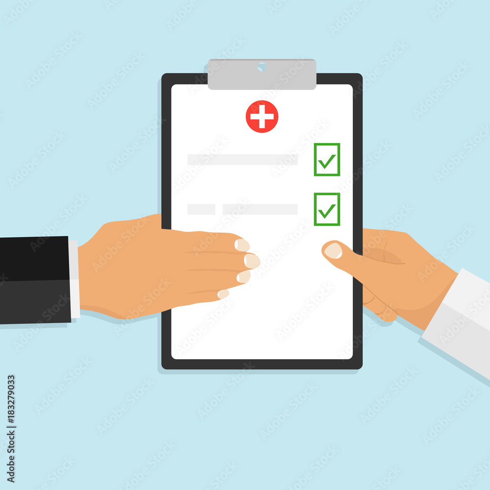 Hands with medical clipboard. The doctor gives medical clipboard. Hands with medical clipboard. The doctor gives medical clipboard.