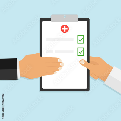 Hands with medical clipboard. The doctor gives medical clipboard.