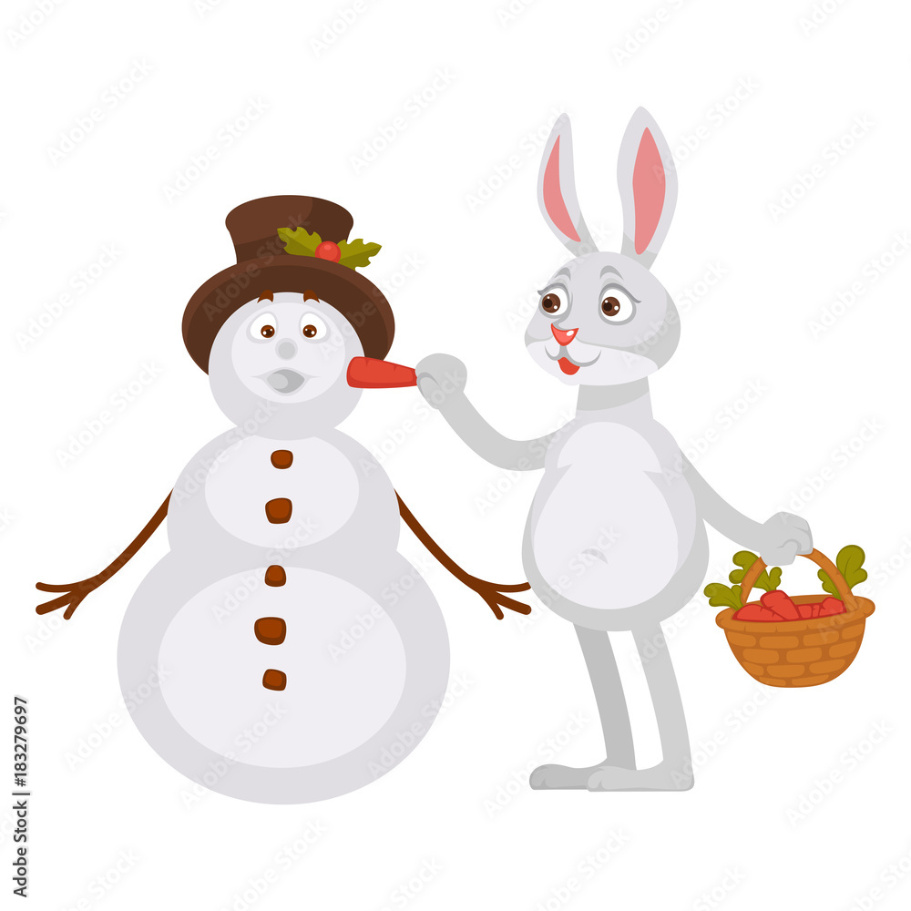 Adorable rabbit with basket of carrots makes snowman