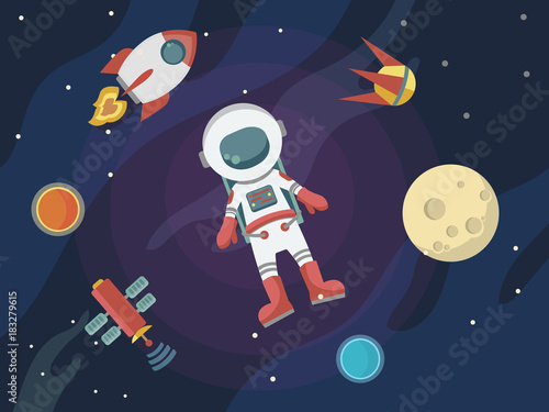 Astronaut in space against the background of stars and planets. Vector illustration.