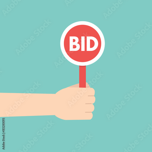 Hand hold paddle with BID. Bidding, Auction concept. Vector illustration.