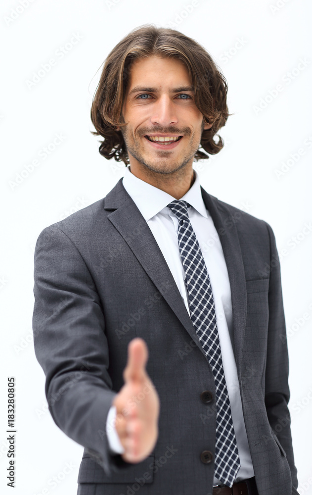 Businessman offering handshake to you on white background Businessman offering handshake to you on white background