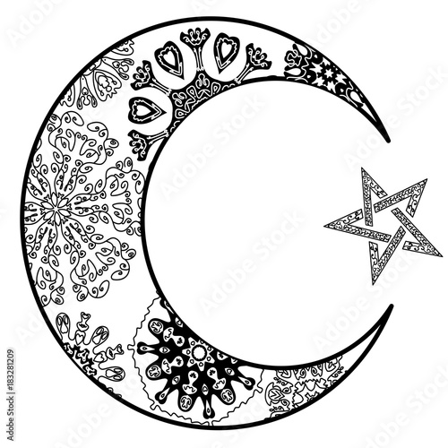 New moon and star Illustration zentangle style