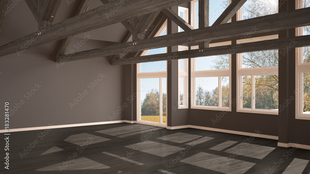 Empty room in luxury eco house, parquet floor and wooden roof trusses, panoramic window on autumnal meadow, modern gray architecture interior design