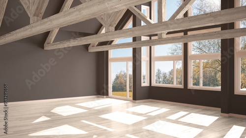 Empty room in luxury eco house, parquet floor and wooden roof trusses, panoramic window on autumnal meadow, modern white and gray architecture interior design