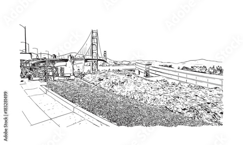 Sketch illustration of The Golden Gate Bridge is a suspension bridge spanning the Golden Gate, the one-mile-wide strait connecting San Francisco Bay and the Pacific Ocean in vector.
