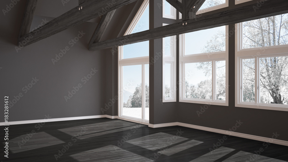 Empty room in luxury eco house, parquet floor and wooden roof trusses, panoramic window on winter meadow, modern gray architecture interior design - obrazy, fototapety, plakaty 
