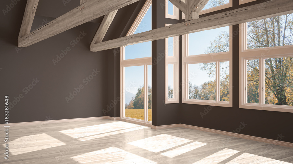 Obraz premium Empty room in luxury eco house, parquet floor and wooden roof trusses, panoramic window on autumnal meadow, modern white and gray architecture interior design