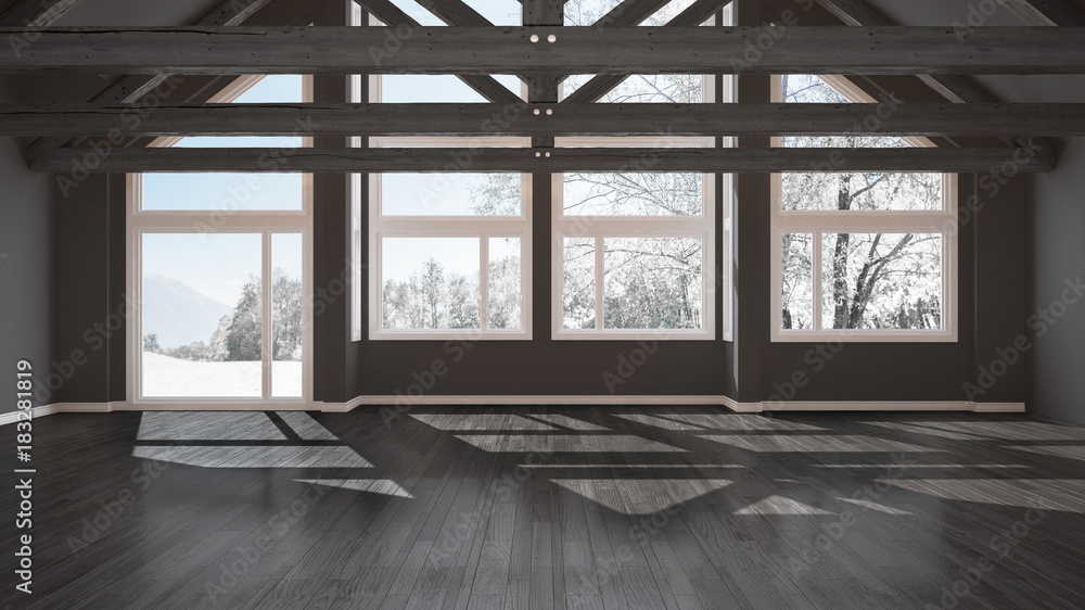 Obraz premium Empty room in luxury eco house, parquet floor and wooden roof trusses, panoramic window on winter meadow, modern gray architecture interior design