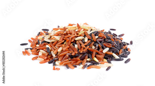 Jasmine rice, Brown rice, Black rice, Mixed rice and Riceberry, isolated on a white