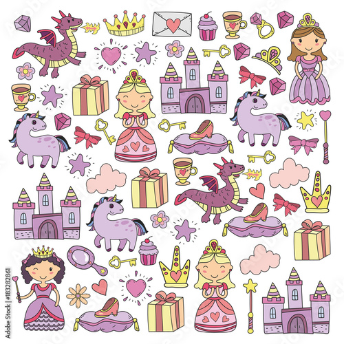 Set of doodle princess and fantasy icon and and design element for invitation and greeting card. Kids drawing. Kindergarten, preschool, school pattern