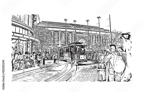 Sketch illustration of San Fransisco road traffic inside the city, USA in vector.