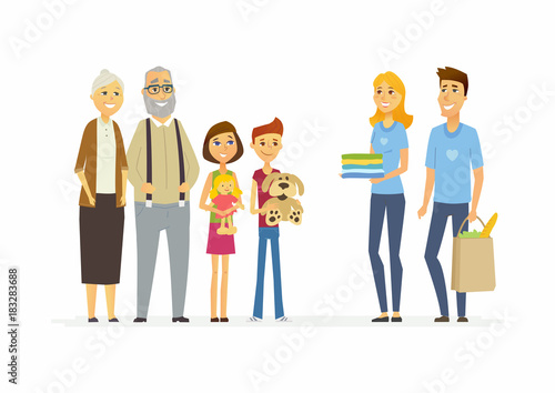 Volunteers help children and seniors - cartoon people characters isolated illustration