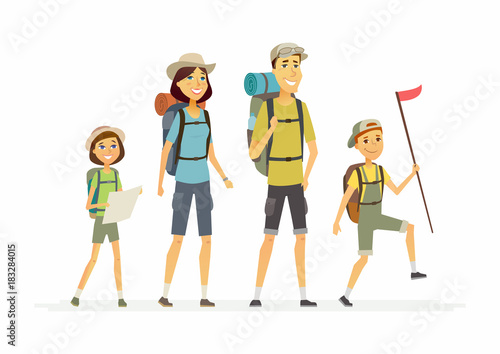 Family goes hiking - cartoon people characters isolated illustration