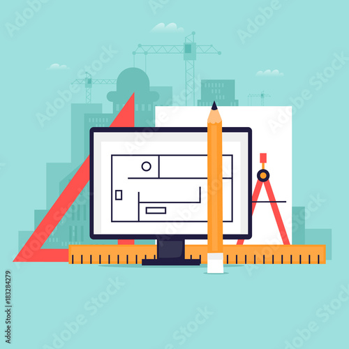 Architect, tools. Project design. Workplace. Flat design vector illustration.