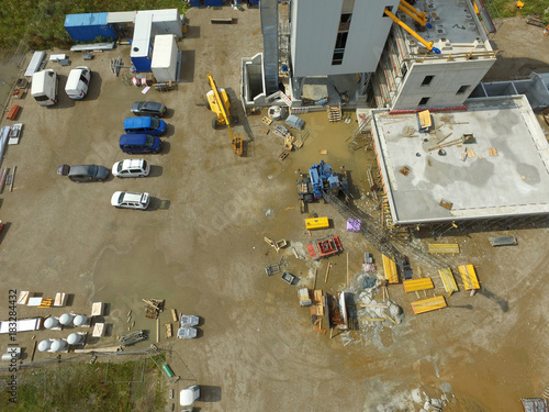 Vertical aerial view of a large construction site from a height of 50 metres